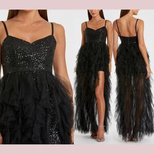 NEW IEENA Mac Duggal [ 4 ] 27119 Sequin‎ Mini High Low Ruffle Tiered Train Black
